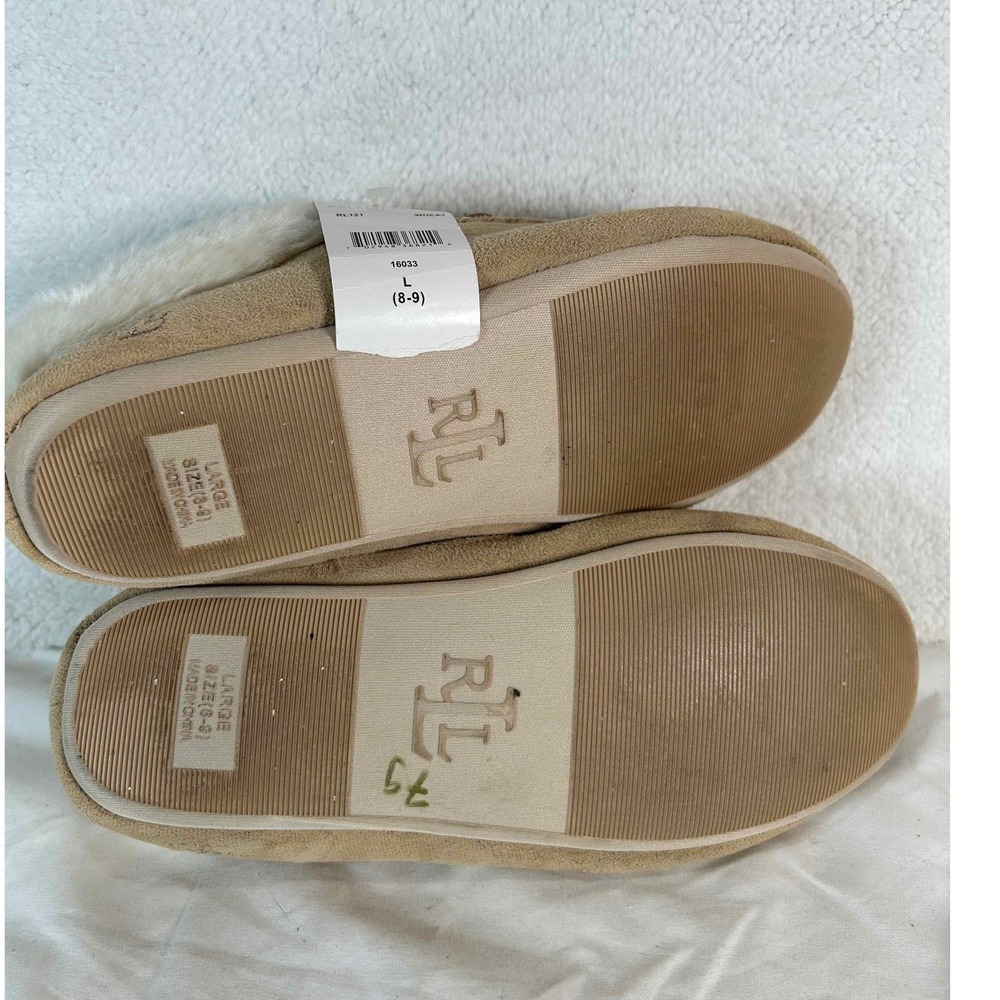 Lauren Ralph Lauren RL121 Wheat Suede Faux Fur Moccasin Slippers Women L 8-9 NEW - Picture 9 of 12